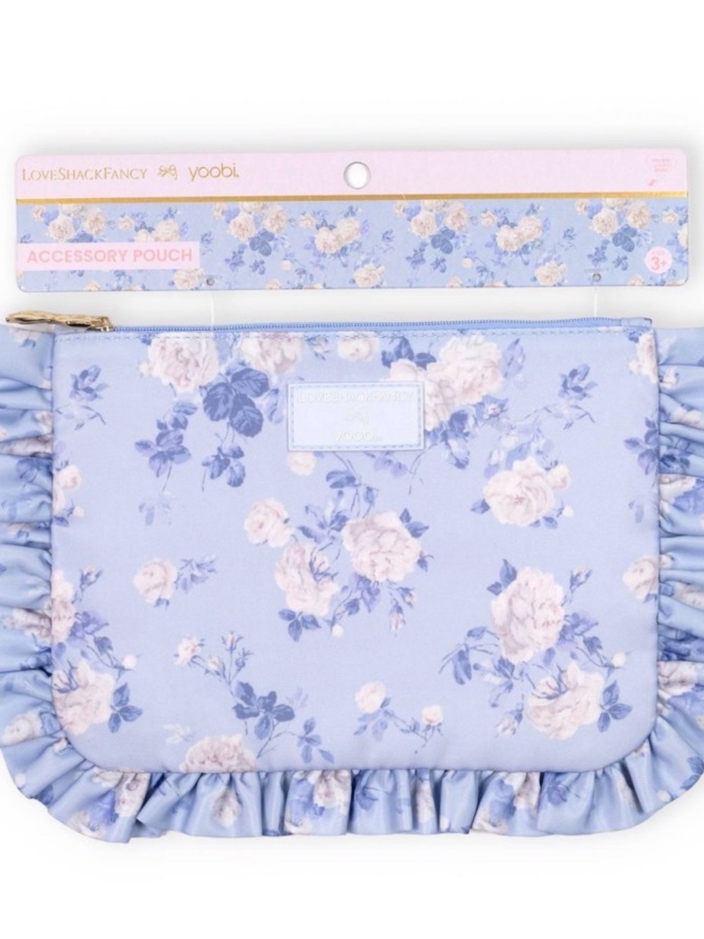 LoveShackFancy. Light Blue Floral Ruffle Accessory Pouch